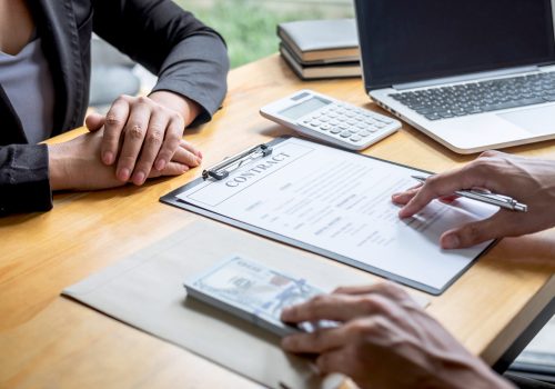 Dishonest cheating in business illegal money, Businessman giving bribe money in business people to give success the deal contract of investment, Bribery and corruption concept.